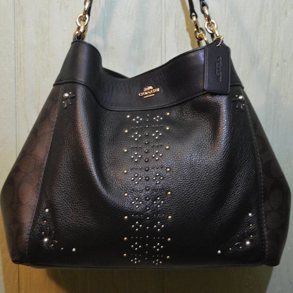 Coach Handbags - Coach Lexy Rivet Stud Silver Gold Signature Black Leather Bag f32977